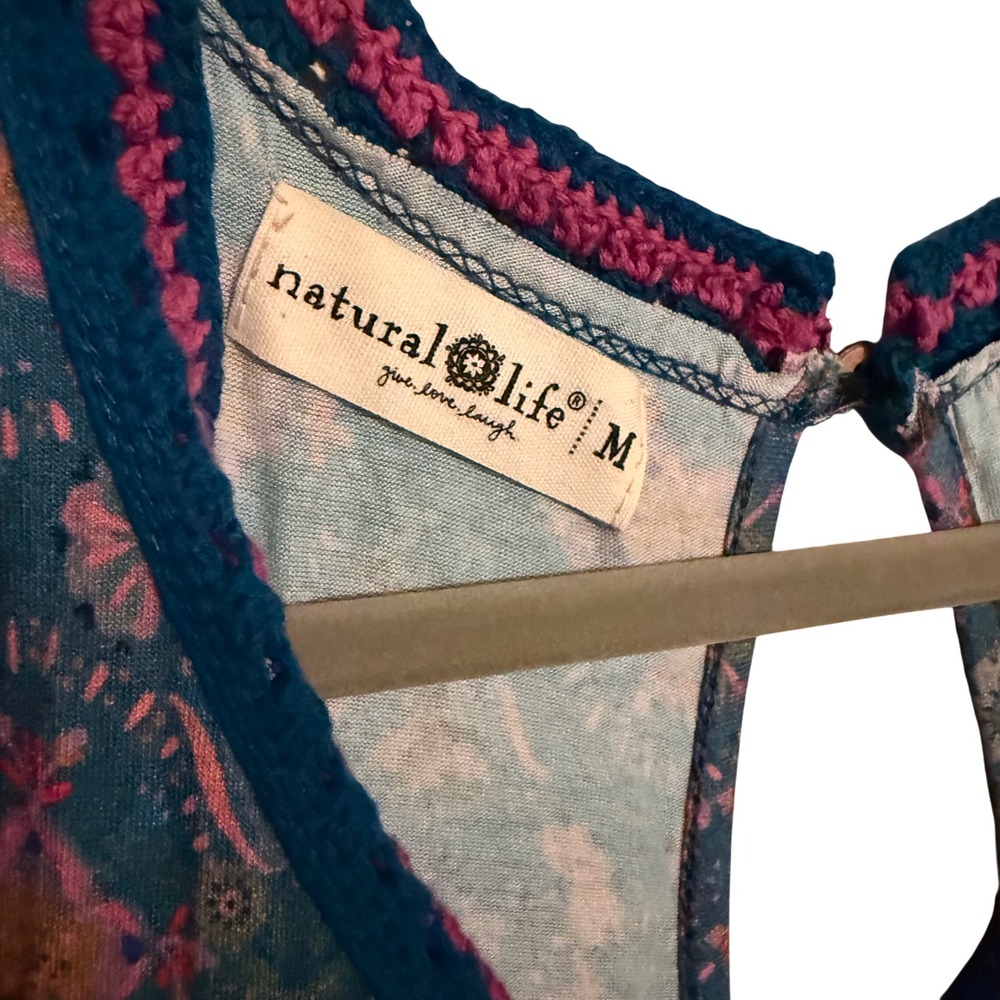 Natural Life Blue Floral Crochet Trim Wide Leg Jumpsuit Medium Boho Lounge - Picture 6 of 8